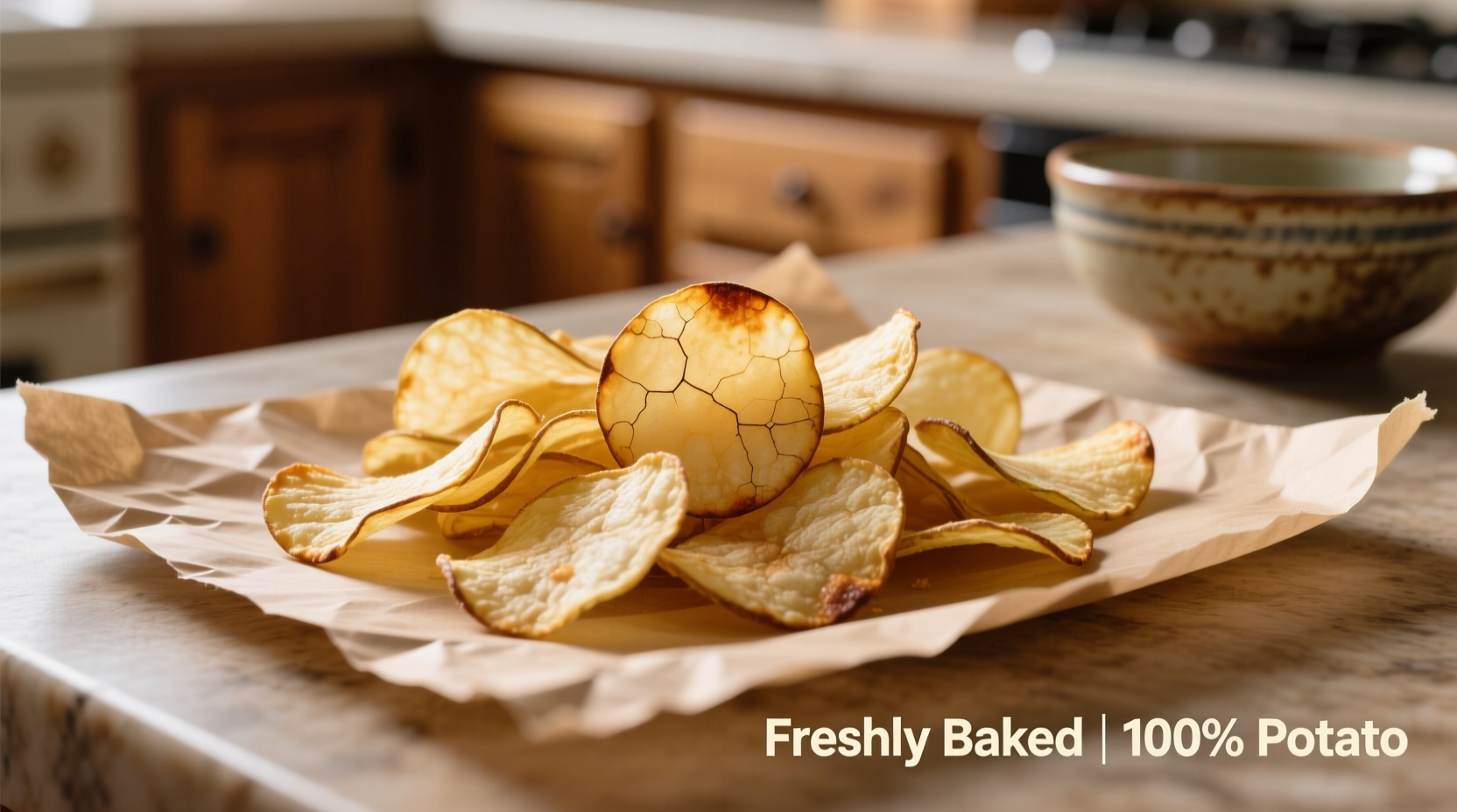 Homemade baked potato chips on parchment paper