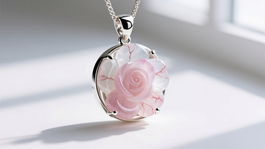 Macro shot of a rose quartz carved flower pendant in a sterling silver bezel, highlighting natural stone inclusions and polish