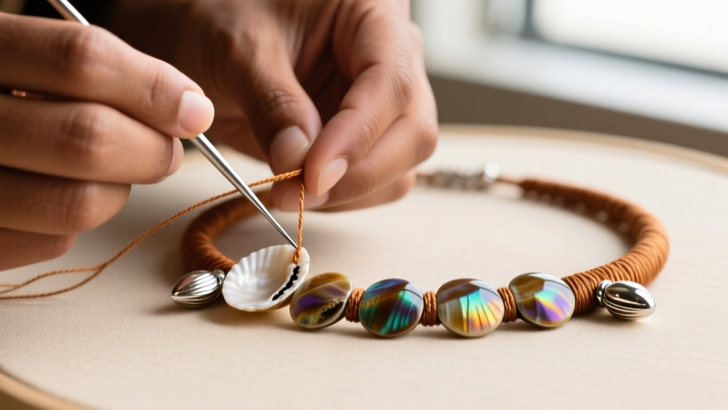 Hands using a beading needle and WildFire thread to restring a Hawaiian heishi shell necklace with silver clamshell bead tips