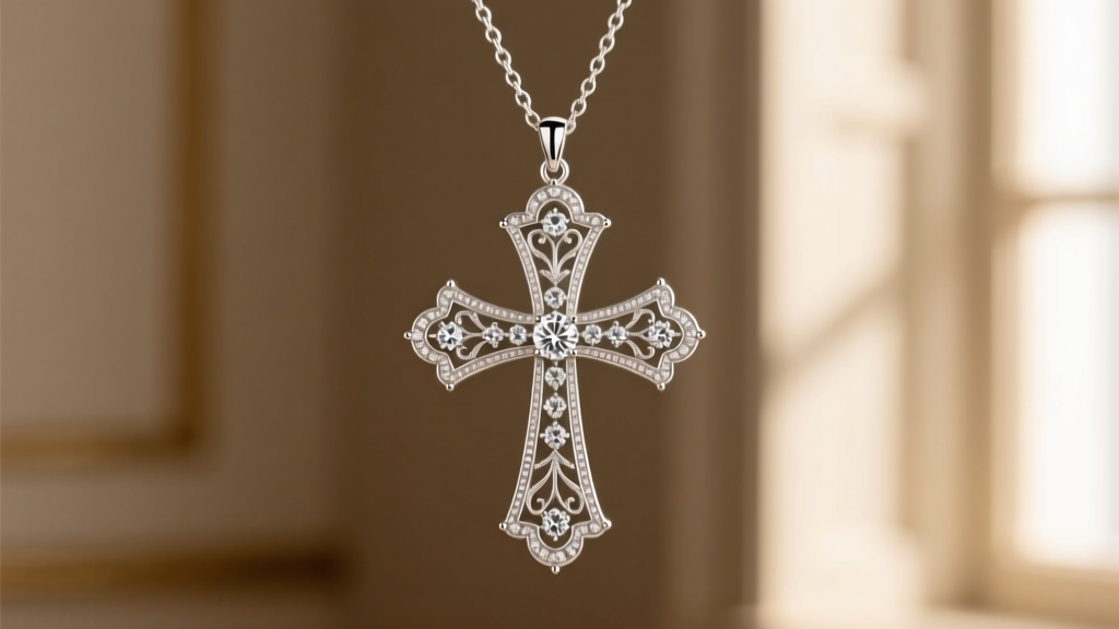 Delicate Edwardian platinum and diamond antique cross pendant suspended from a fine chain against soft natural window light