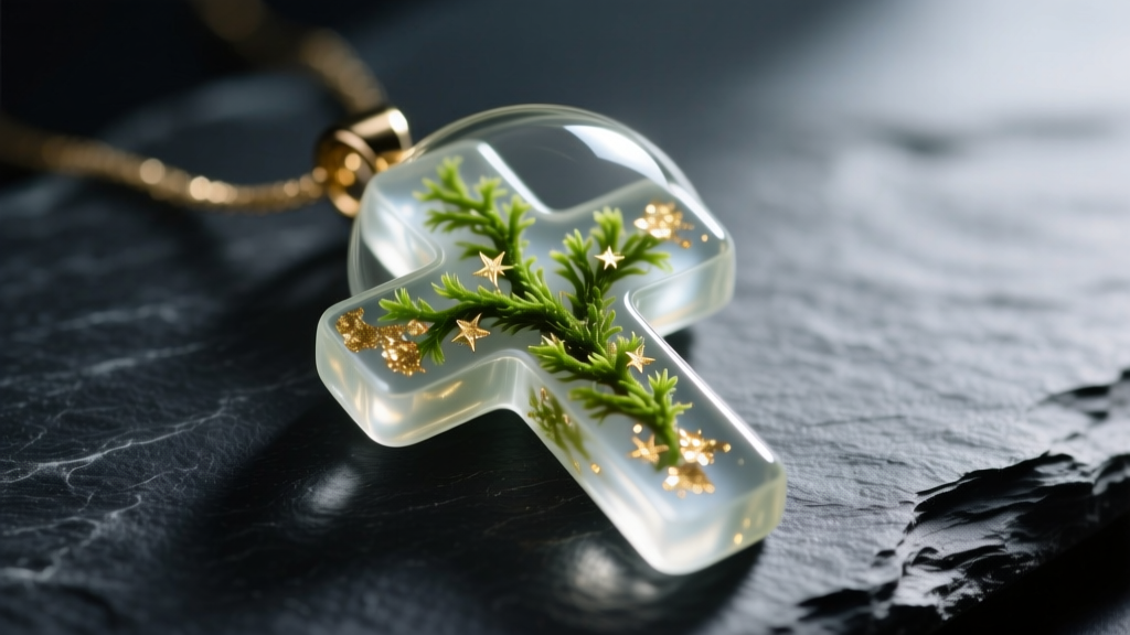 Close-up of a shimmering resin cross necklace pendant containing preserved green moss and gold mica flakes, resting on dark slate.
