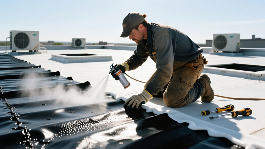 Roofer applying elastomeric sealant to a heat-blistered black EPDM rubber membrane on a commercial flat roof under bright sunlight
