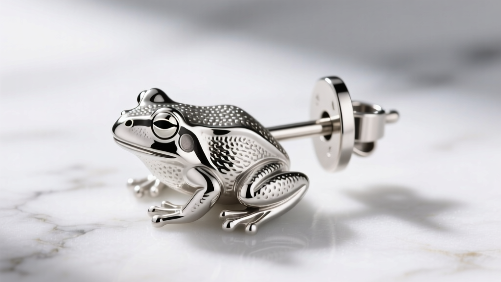 Side profile of a textured sterling silver frog stud earring showing a thick 18-gauge post and butterfly clutch on white marble.