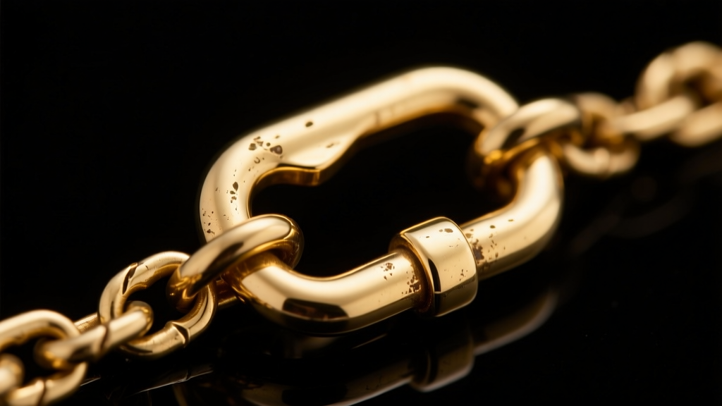Macro close-up of a gold-plated brass lobster clasp and delicate chain link showing slight edge wear under harsh studio lighting