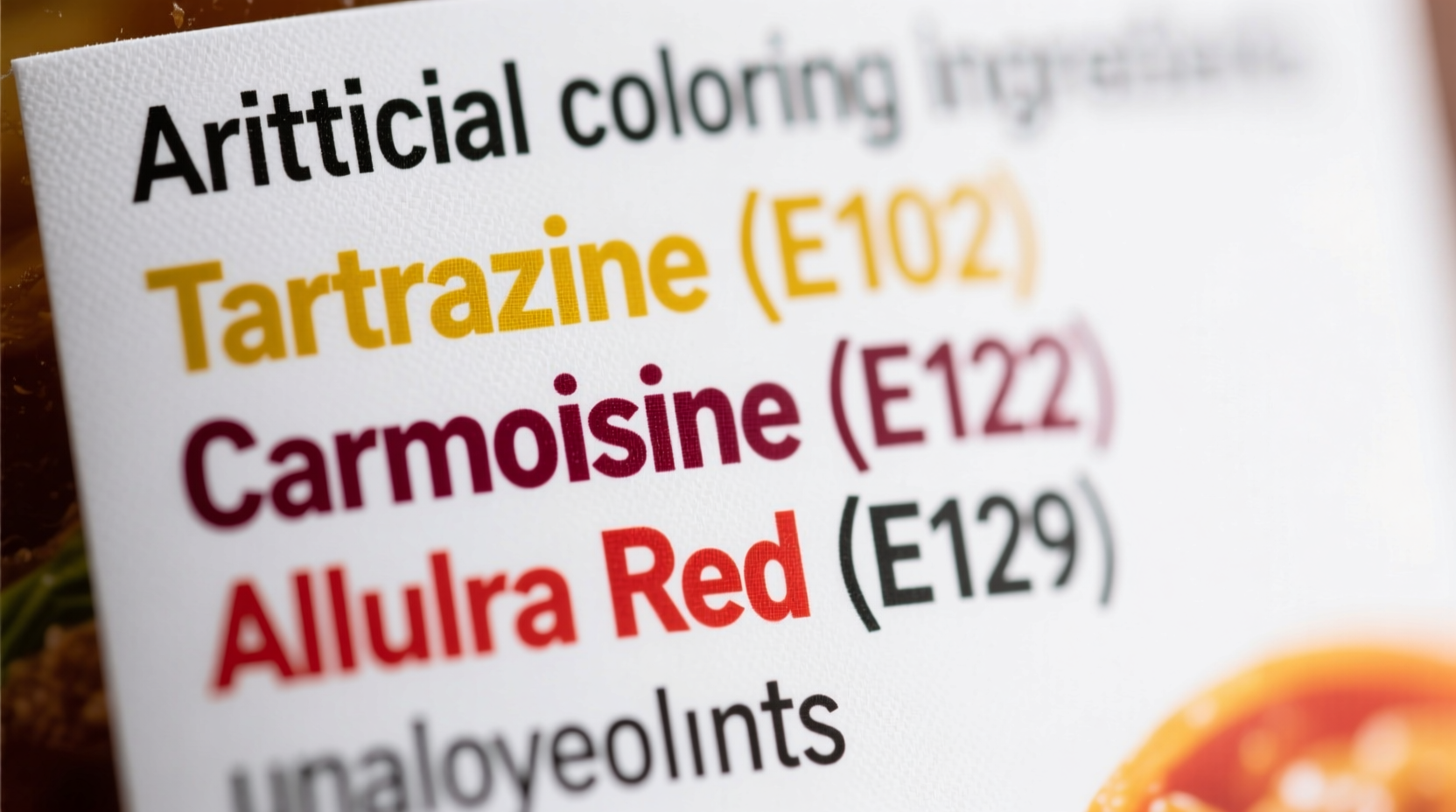 Close-up of food labels showing artificial coloring ingredients