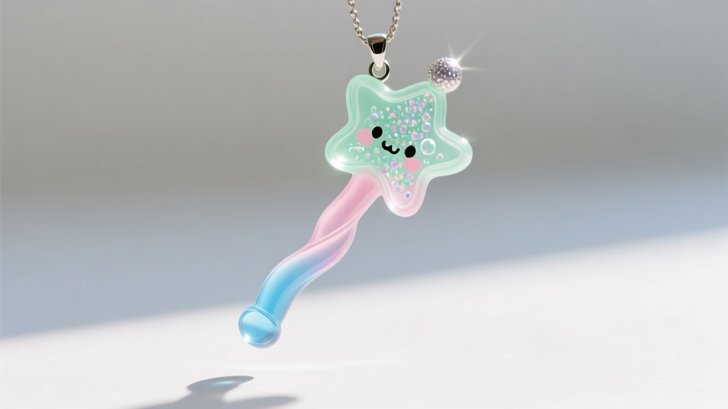 Translucent UV resin kawaii pendant shaped like a magic wand, catching sunlight to show internal glitter and bubble-free clarity