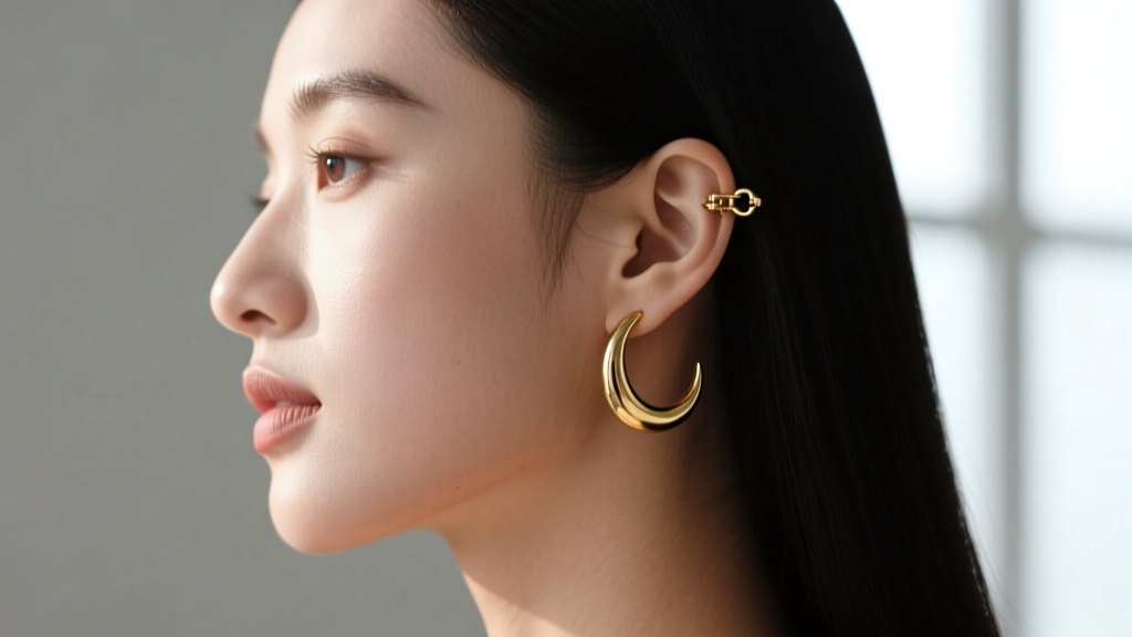 Side profile of a woman wearing a gold crescent hoop earring in a helix cartilage piercing, highlighting the hinged clicker closure