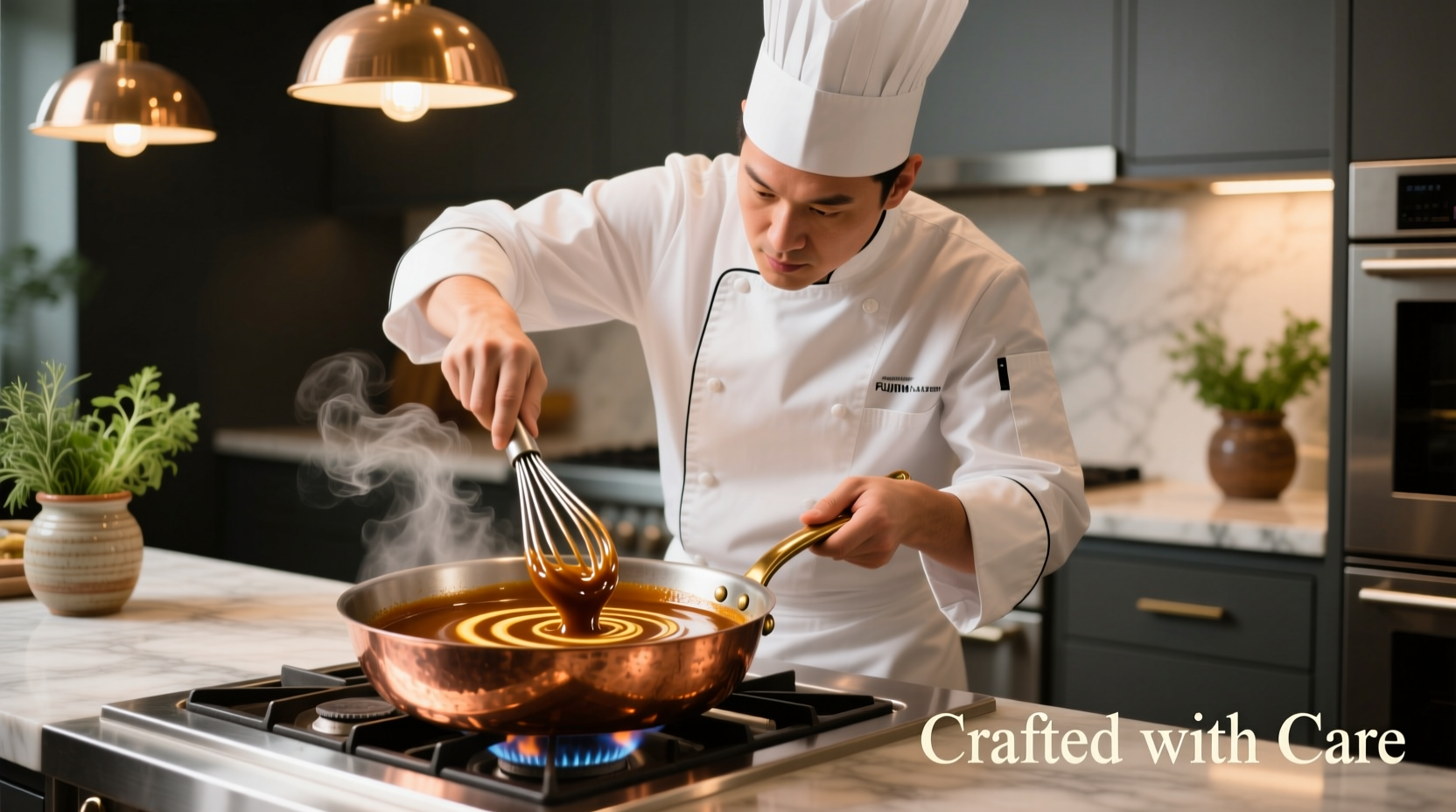 Professional chef whisking smooth gravy in copper pan