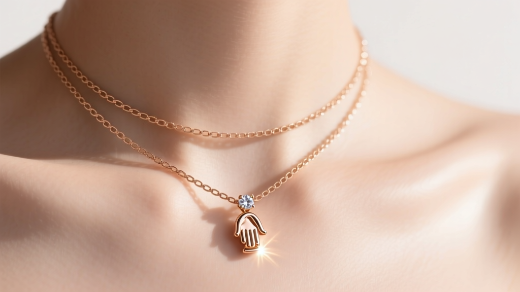 14k rose gold hand of fatima pendant layered on a 16-inch box chain with a diamond solitaire resting on a sunlit collarbone.