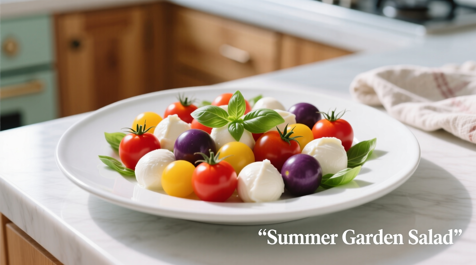 Colorful cherry tomato mozzarella salad on white plate