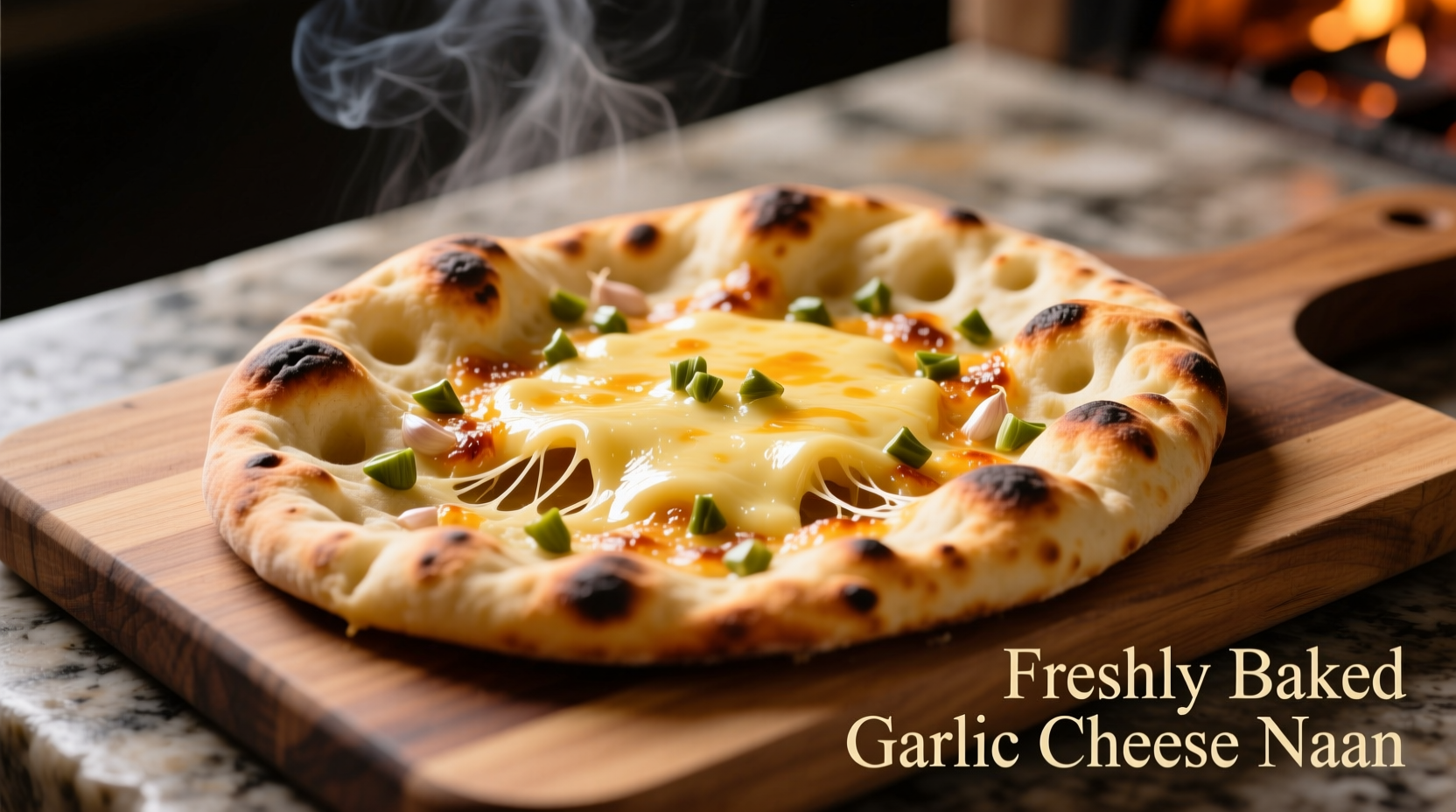 Freshly made garlic cheese naan bread with melted cheese