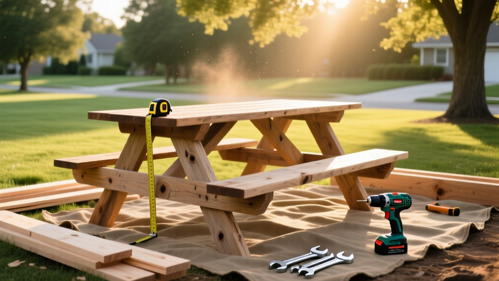 Weathered cedar A-frame picnic table under construction in a sunny suburban park with lumber and power tools scattered nearby