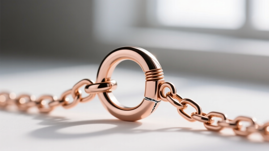 Extreme close-up of a laser-welded 5mm spring ring clasp attached to a flattened end link on a delicate rose gold Lola chain.
