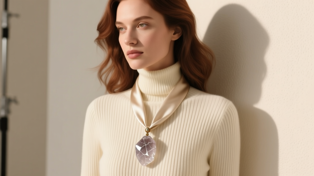 Woman wearing a long tie adjustable necklace with a raw quartz pendant resting elegantly over a cream ribbed turtleneck sweater