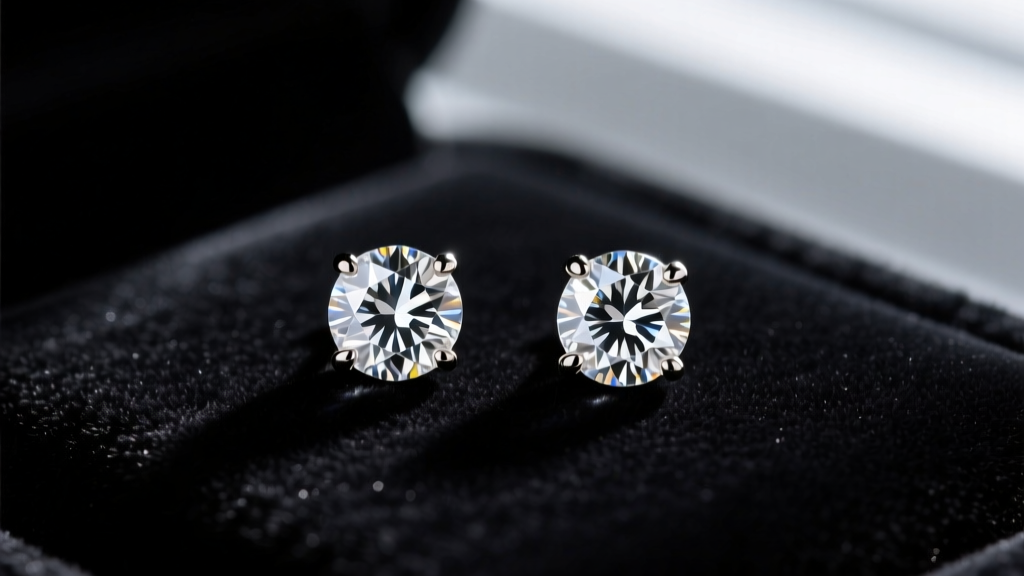 Close-up of 6mm and 8mm diamond stud earrings on dark velvet, showing visual size difference for a fine jewelry gift guide
