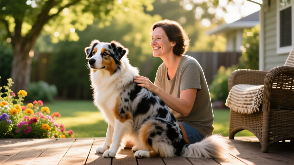 Australian Shepherd sitting calmly beside a smiling adult in a sunny backyard, showing trust and connection
