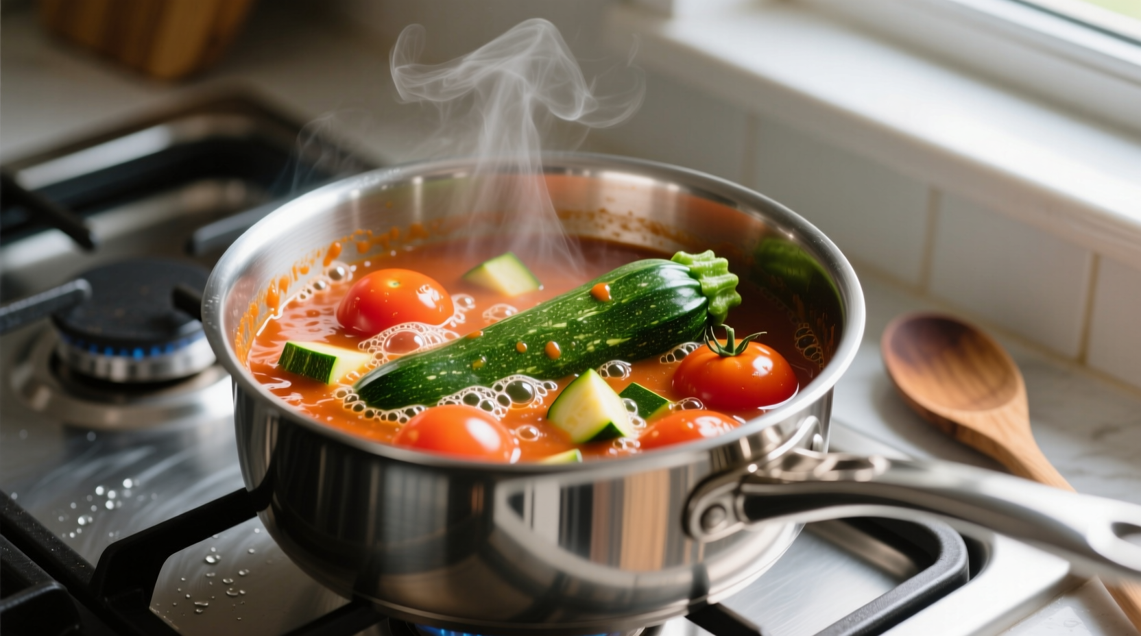 Fresh zucchini tomato sauce simmering in stainless steel pot