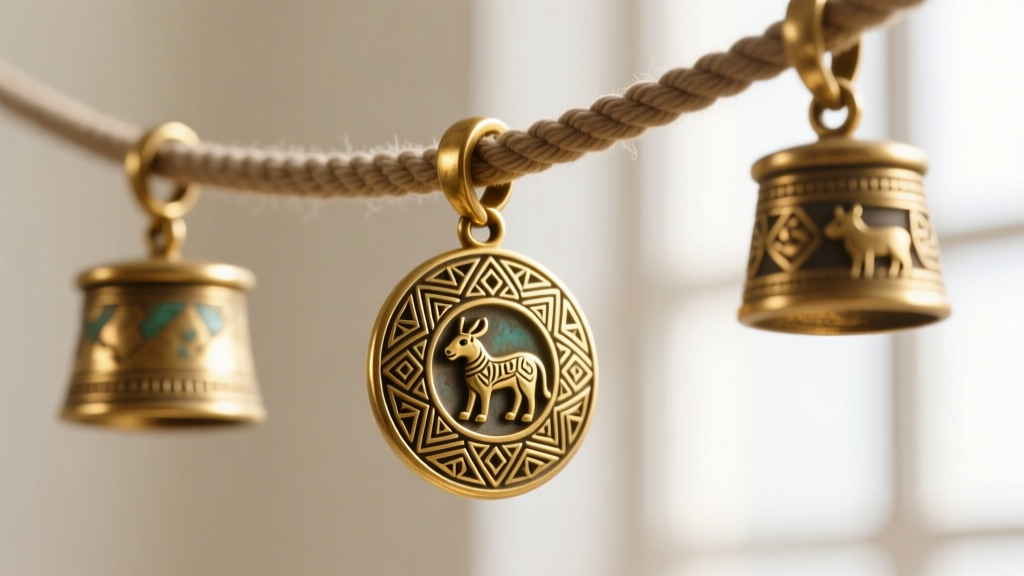 Macro shot of vintage Ashanti brass gold weight pendants on a thick cotton cord, highlighting intricate lost-wax casting details