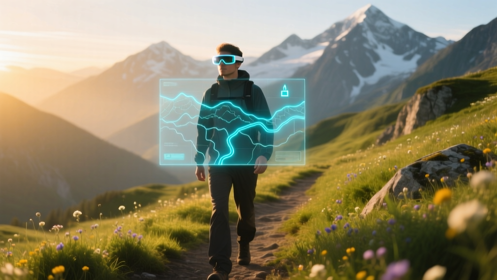 Hiker on a sunlit alpine trail wearing AR smart glasses, viewing a glowing topographic map overlay in their field of view.