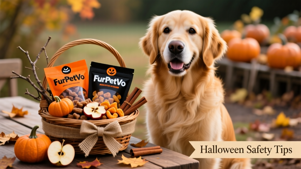 A happy dog sitting beside a festive Halloween-themed treat basket filled with FurPetVo branded dog treats and autumn decorations