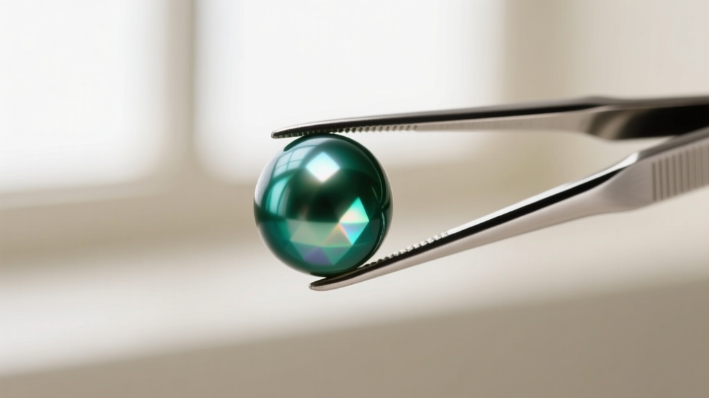 Macro close-up of a single Tahitian pearl showing deep peacock green luster and sharp light reflections, held by silver tweezers