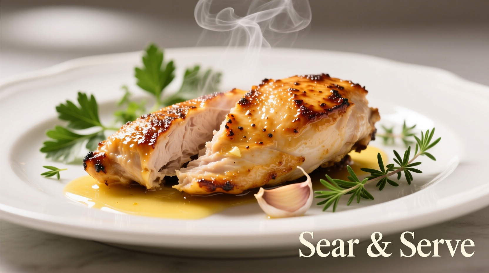 Perfectly seared garlic butter chicken breast with herb garnish