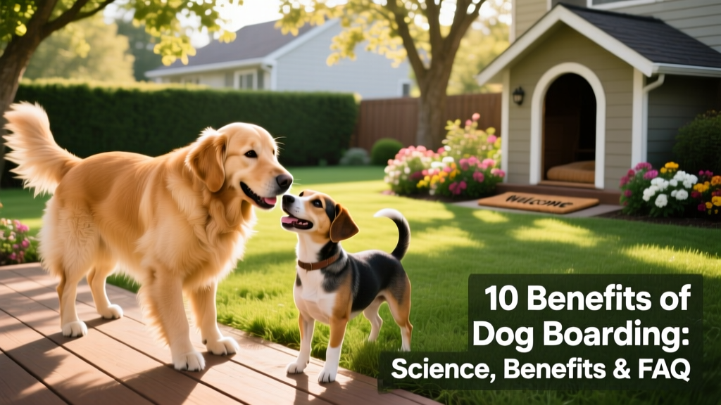 A friendly golden retriever playing gently with another dog in a sunlit backyard