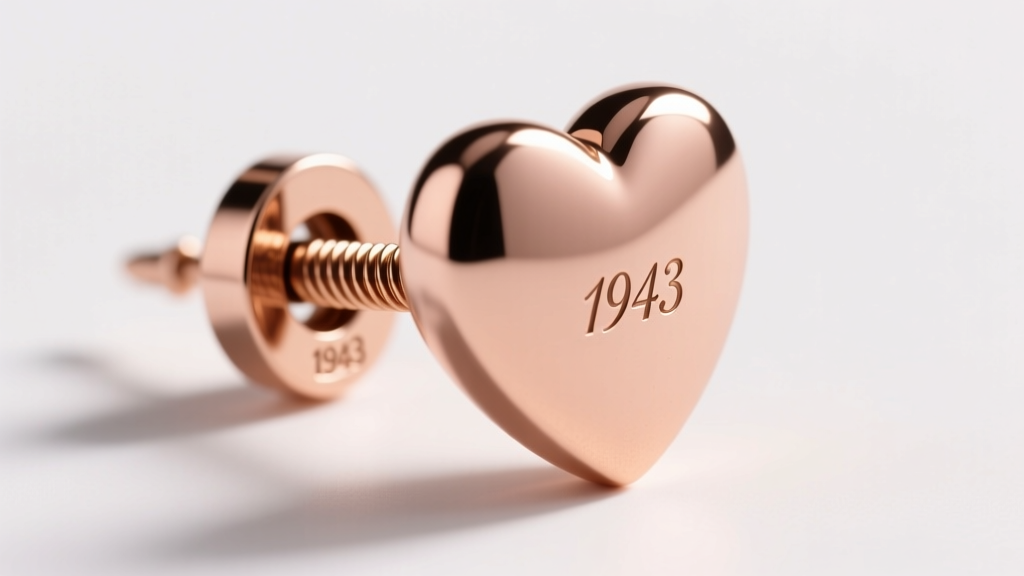 Macro shot of a 1940s retro rose gold heart earring showing the original screw-back hardware mechanism and a small hallmark stamp.