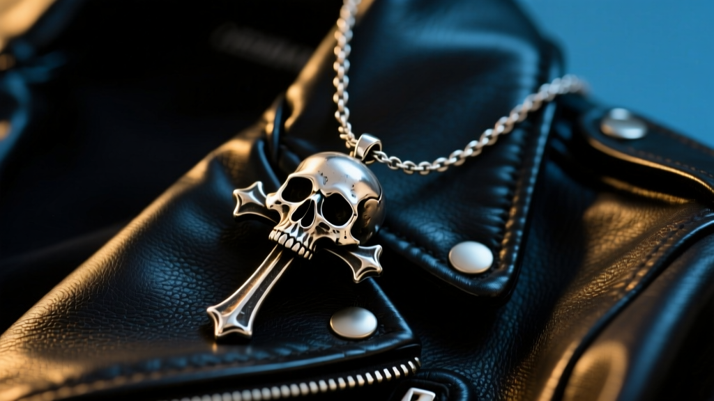 Close-up of an oxidized sterling silver skull cross necklace resting on a black leather jacket in moody studio lighting
