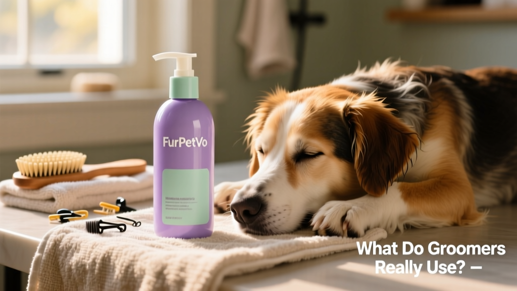 FurPetVo Lavender & Mint Shampoo bottle with a relaxed dog resting on a towel nearby
