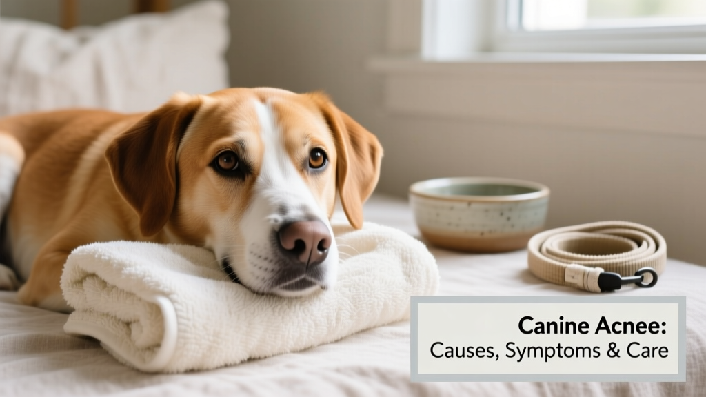 Happy, healthy dog with clean, smooth muzzle resting calmly on a soft towel