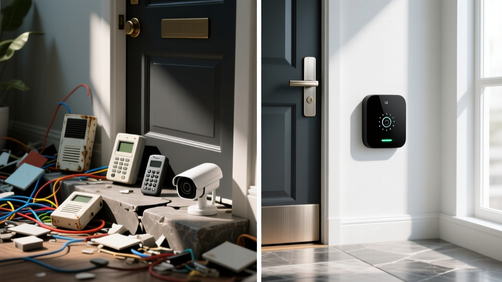 Split-screen comparison showing a fragmented setup of three mismatched entryway devices versus a single sleek unified smart security hub.