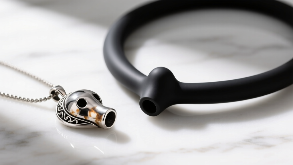 Tarnished 925 silver breathing pendant beside a pristine platinum-cured matte black silicone breathe necklace on white marble.