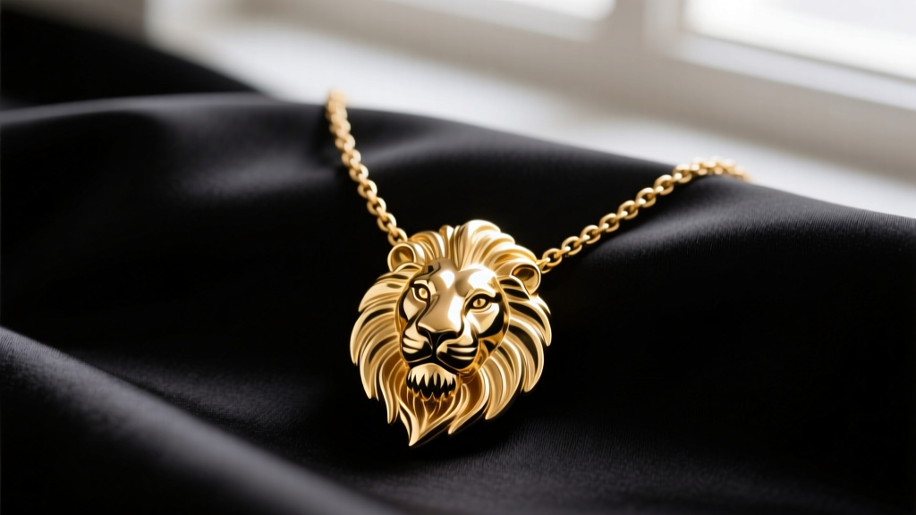 Close-up of a heavy gold-plated brass Pierre Balmain necklace featuring a sculpted lion head pendant resting on black silk fabric.