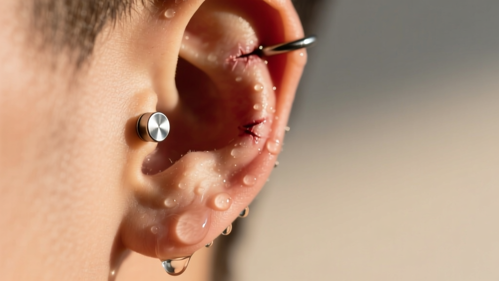 Profile of an ear showing a healed cartilage piercing with a 16-gauge titanium flat back, water gently running over the earlobe.