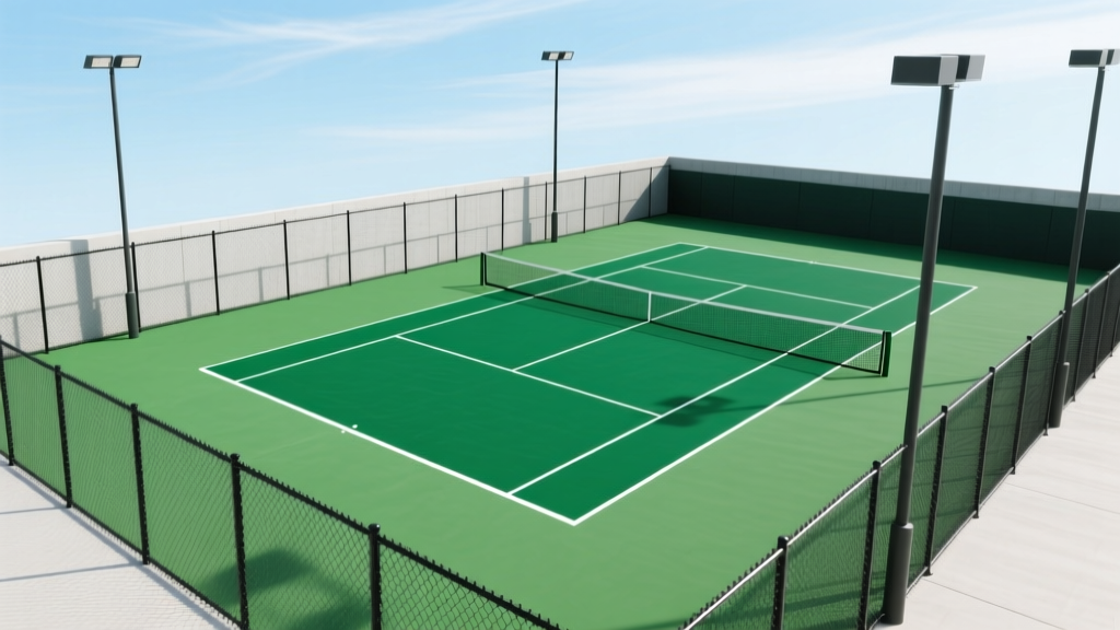 Aerial view of a post-tension concrete tennis court with green acrylic surfacing, black chain-link fencing, and LED lighting poles