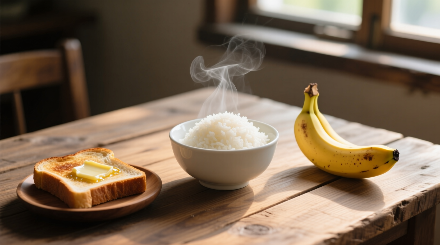 Bowl of rice, banana, and toast on wooden table