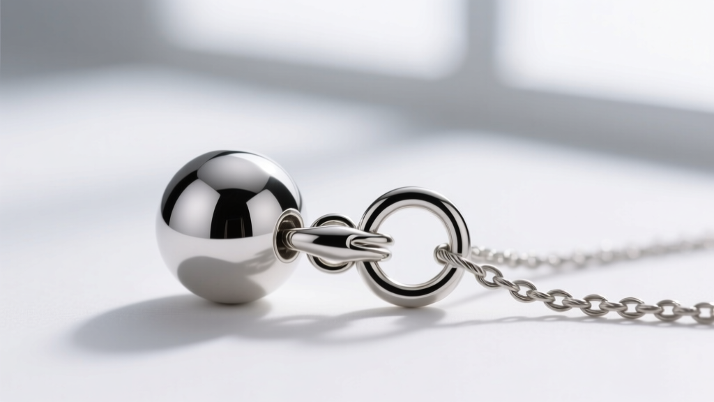 Silver ball necklace clasp with precision lobster claw and swivel jump ring attached to a 1.2mm cable chain under a macro lens