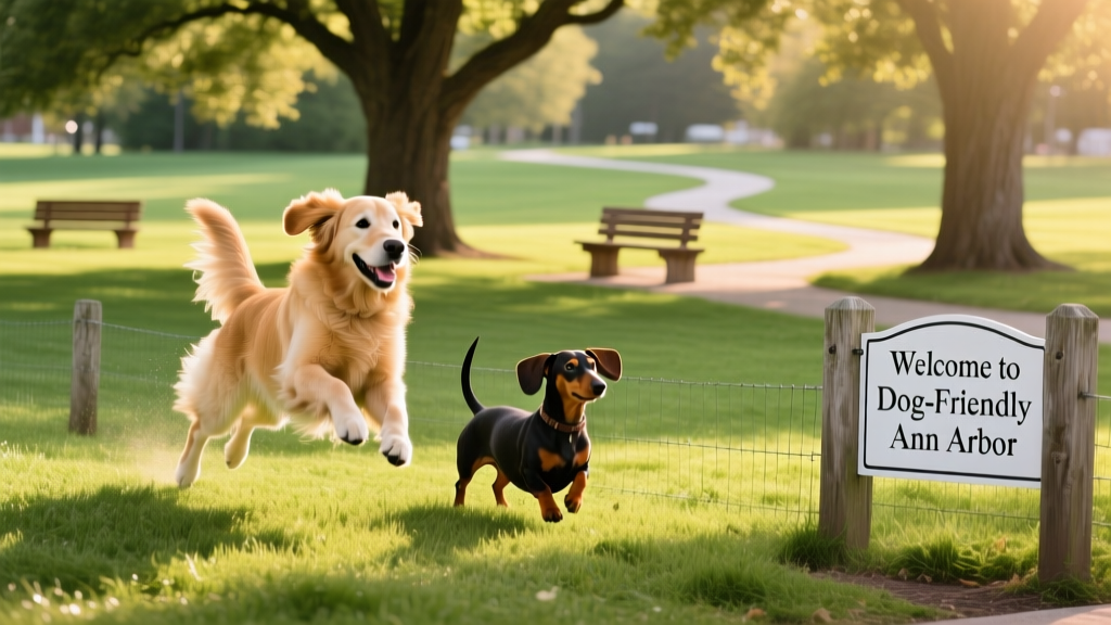 Two dogs playing joyfully in a fenced, grassy dog park with trees and benches in the background