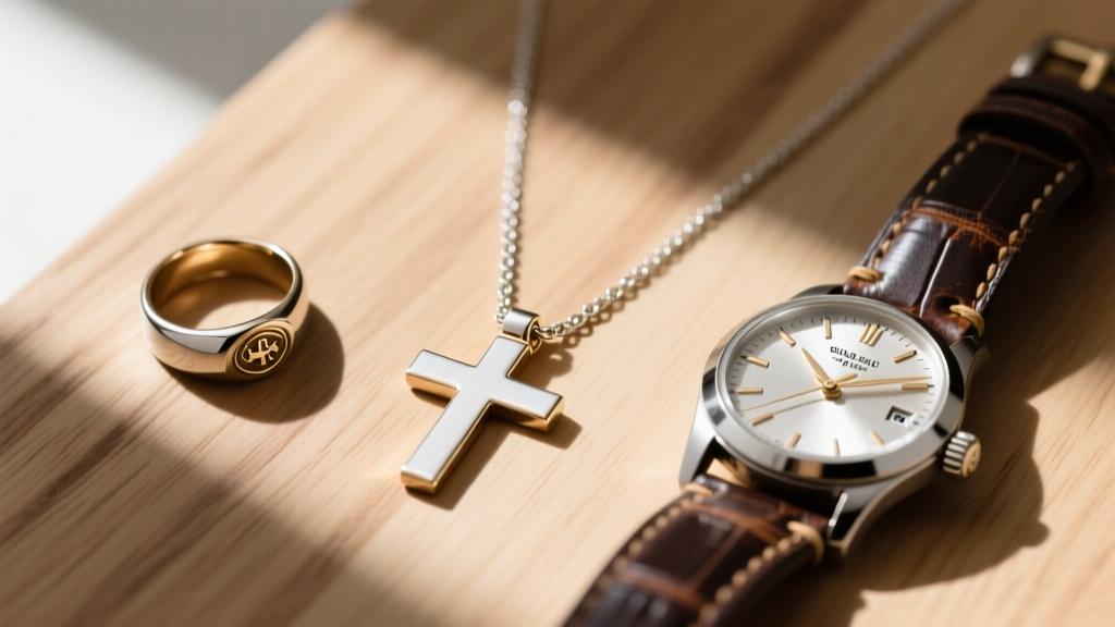 Flat lay of a 14k white gold Swiss cross necklace, minimalist signet ring, and vintage steel watch on a light oak wood surface