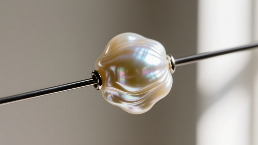 Close-up macro shot of an 14mm baroque freshwater pearl showing heavy surface ridges and high luster, strung on dark steel wire
