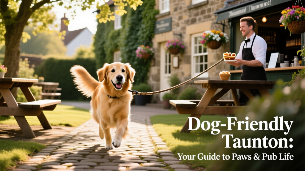 A dog on a leash enjoying a sunny pub garden