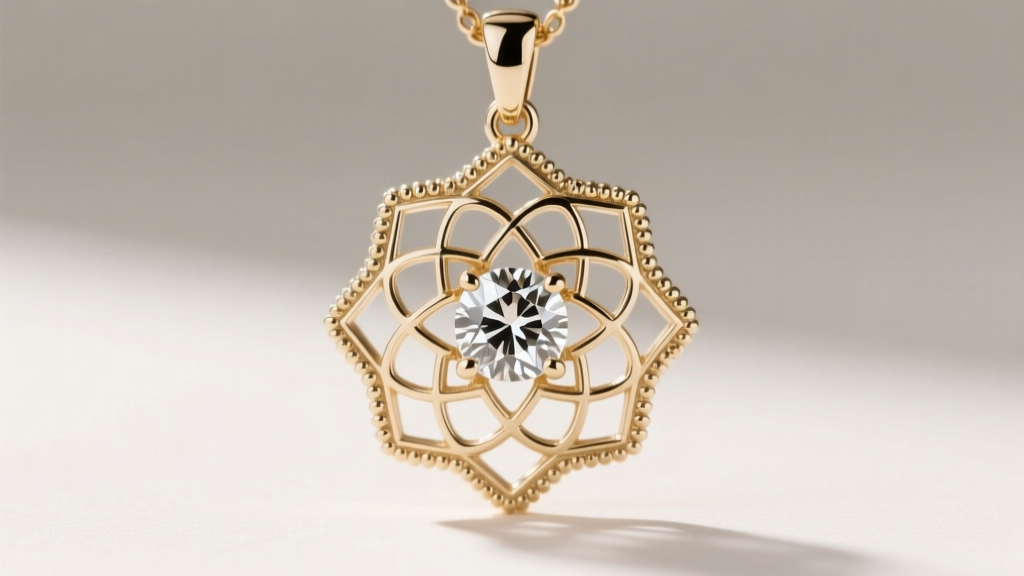 Close-up of white gold Art Deco filigree pendant showing hand-engraved milgrain borders and an old European cut diamond center stone.