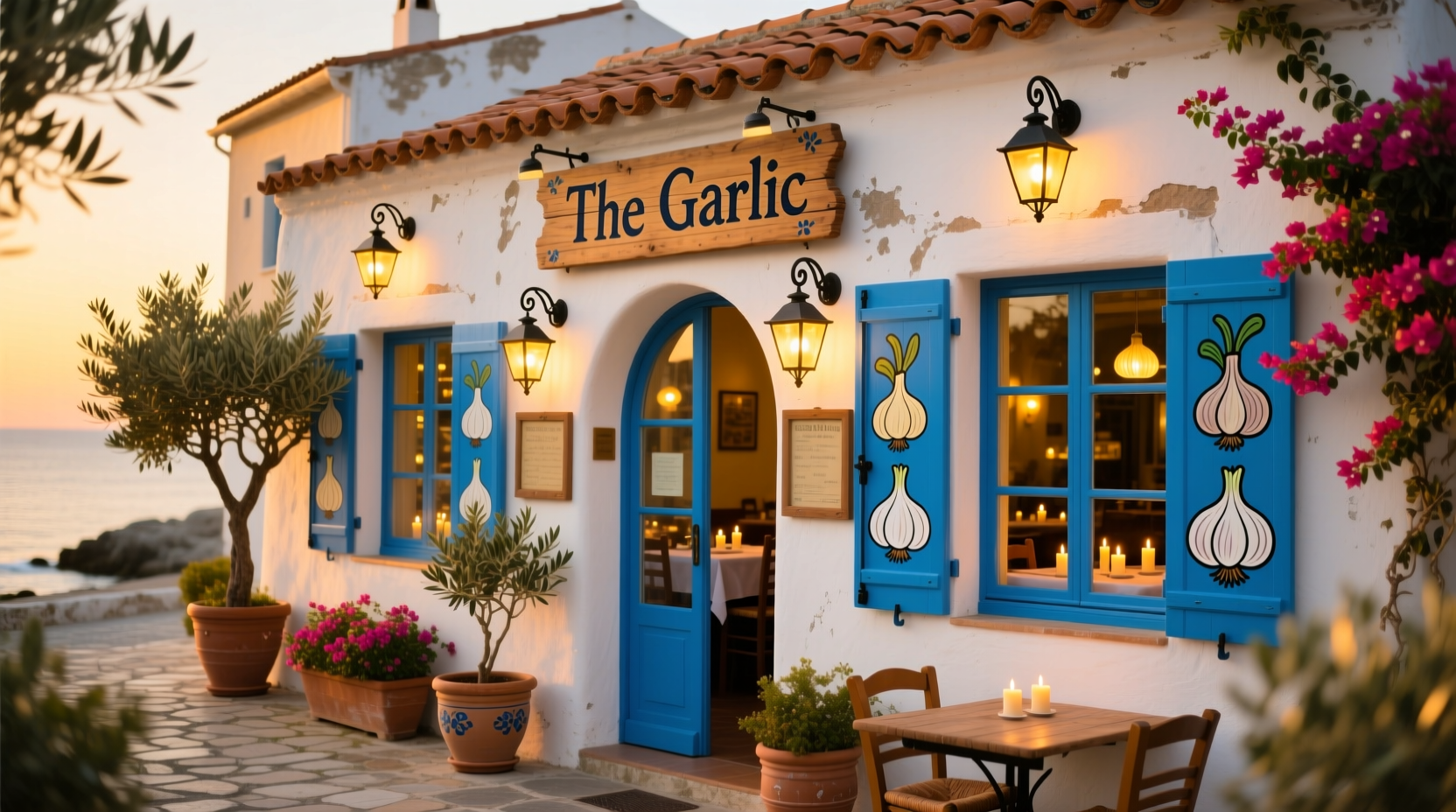 The Garlic restaurant exterior with Mediterranean architecture