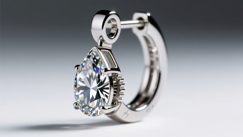 Macro shot of a platinum leverback clasp securing a heavy drop hoop diamond earring, highlighting the intricate hinge mechanism