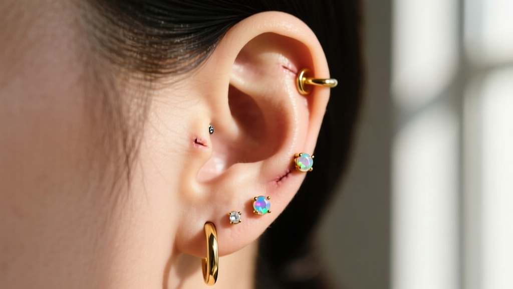 Side profile of an ear featuring healed piercings with 16g gold huggies and opal studs, illuminated by soft natural window light