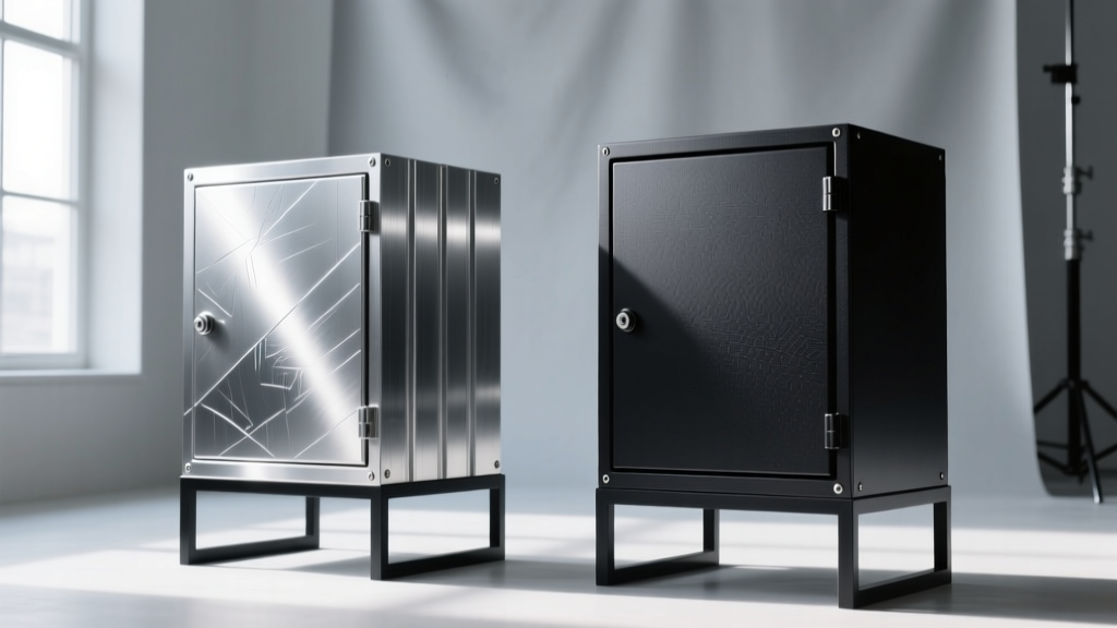 Side-by-side comparison showing an as-machined aluminum enclosure with visible tool marks next to a bead-blasted and black-anodized enclosure with a uniform matte finish.