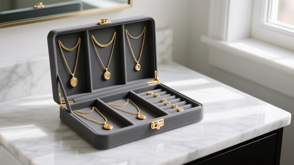 Open charcoal travel jewelry organizer on a marble vanity displaying untangled delicate gold pendant necklaces.