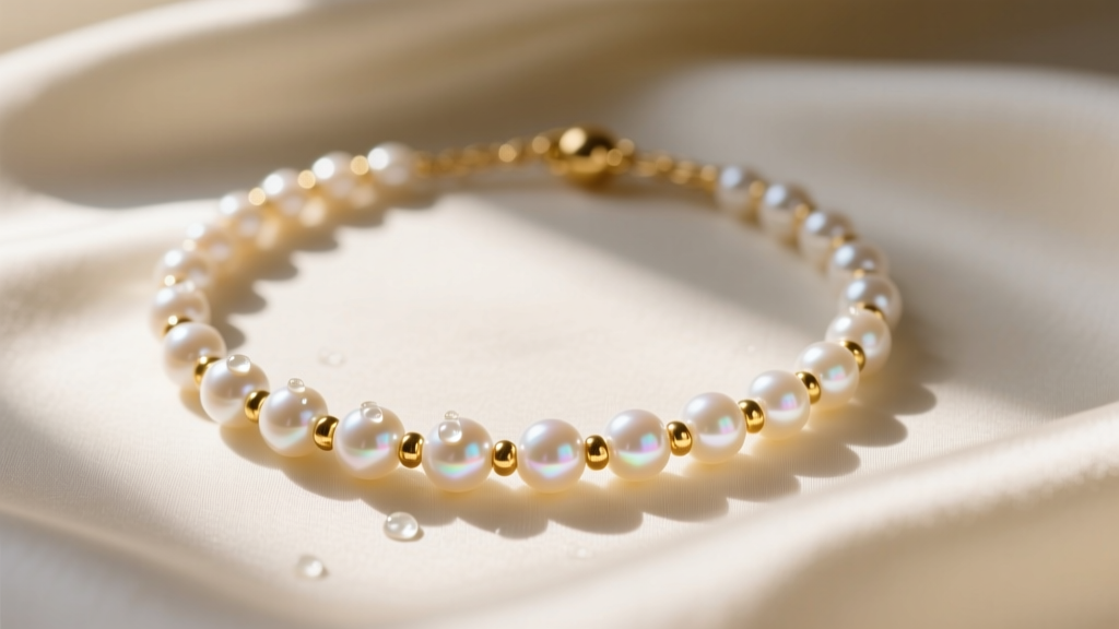 Flat lay of a pearl and gold bead necklace on cream silk fabric, soft morning light highlighting the pearl luster and gold shine.