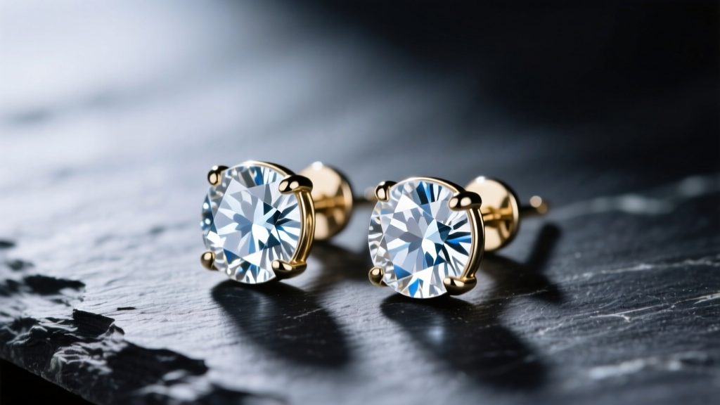 Macro shot of 14k white gold bezel-set white sapphire stud earrings on dark slate, lit by soft directional studio lighting